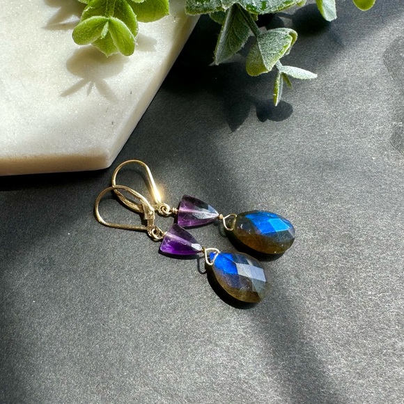 Labradorite and Amethyst Earrings lever back 14k Gold Filled - Picture 1 of 6
